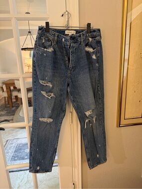 Abercrombie Distressed Blue High RiseMom Jeans - Casual Ripped Denim
